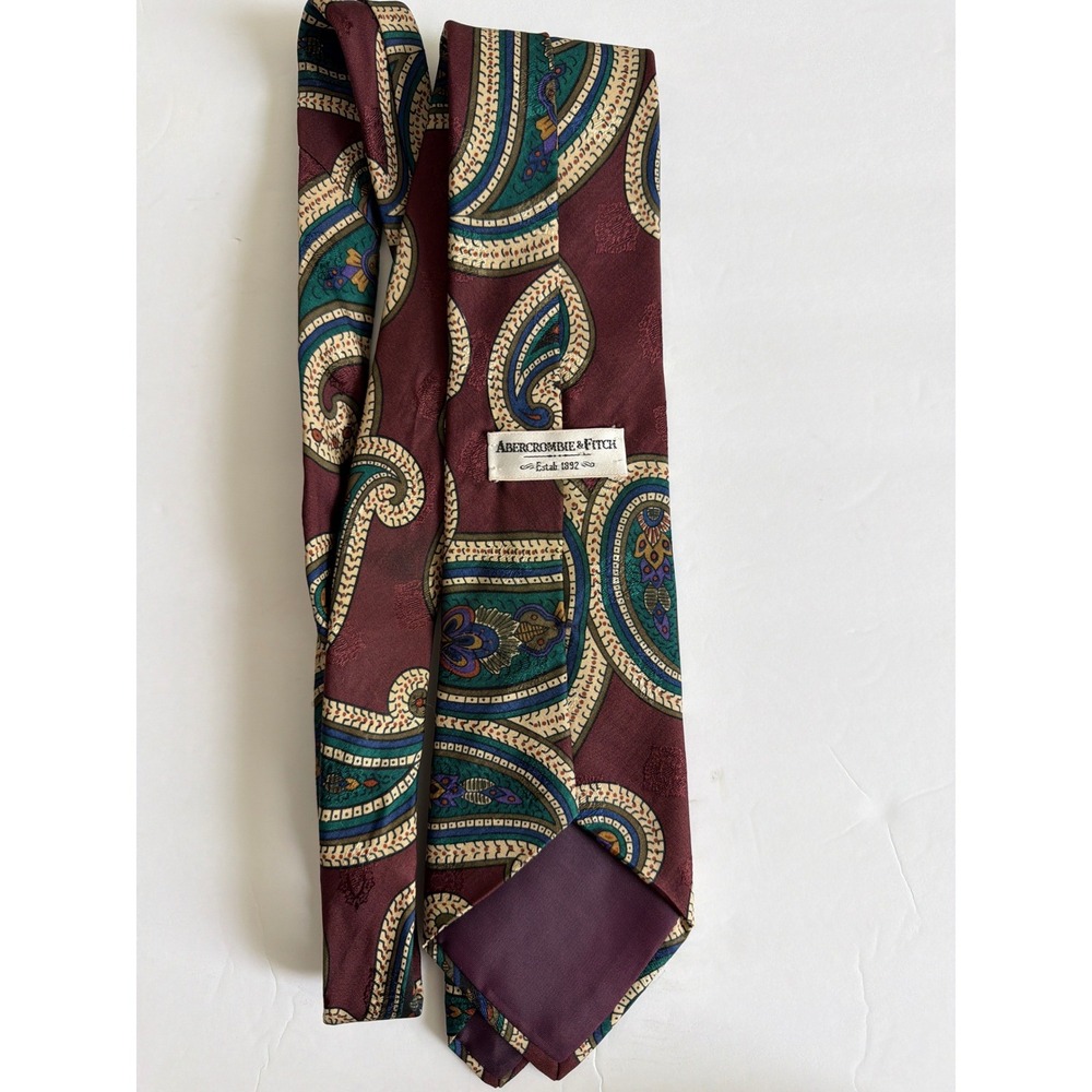 Abercrombie‎ & Fitch Vintage Paisley Tie Burgundy Teal Gold Jacquard Crest
